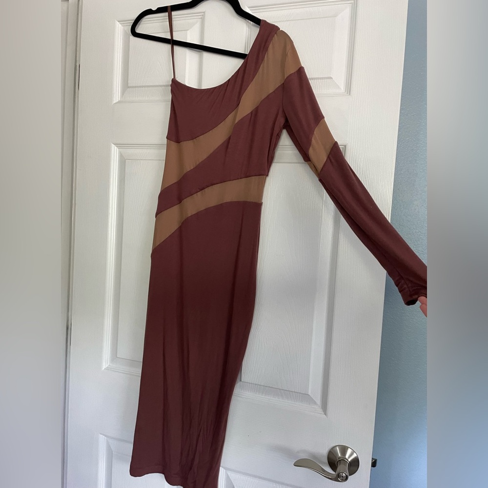 Elegant Brown and Cut Out Mesh Asymmetrical Dress